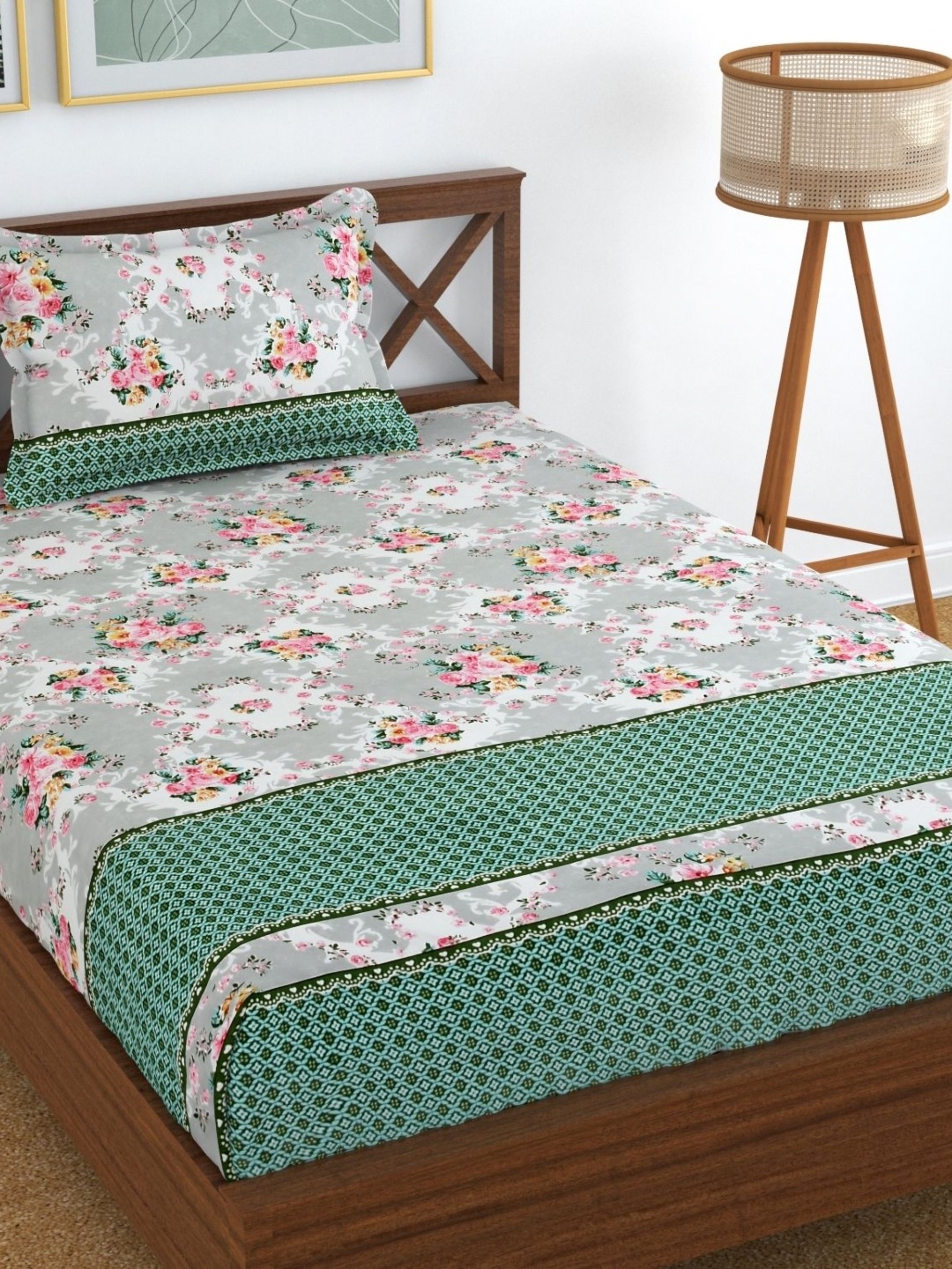

UrbanArts Green & Grey Floral 170 TC Single Bedsheet with 1 Pillow Covers
