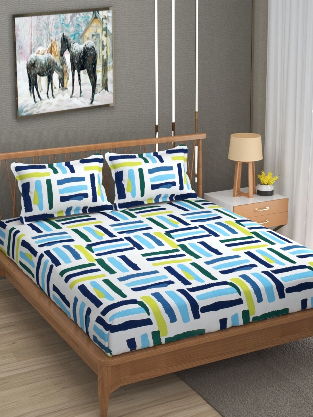 

UrbanArts White & Blue Geometric 170 TC King Bedsheet with 2 Pillow Covers