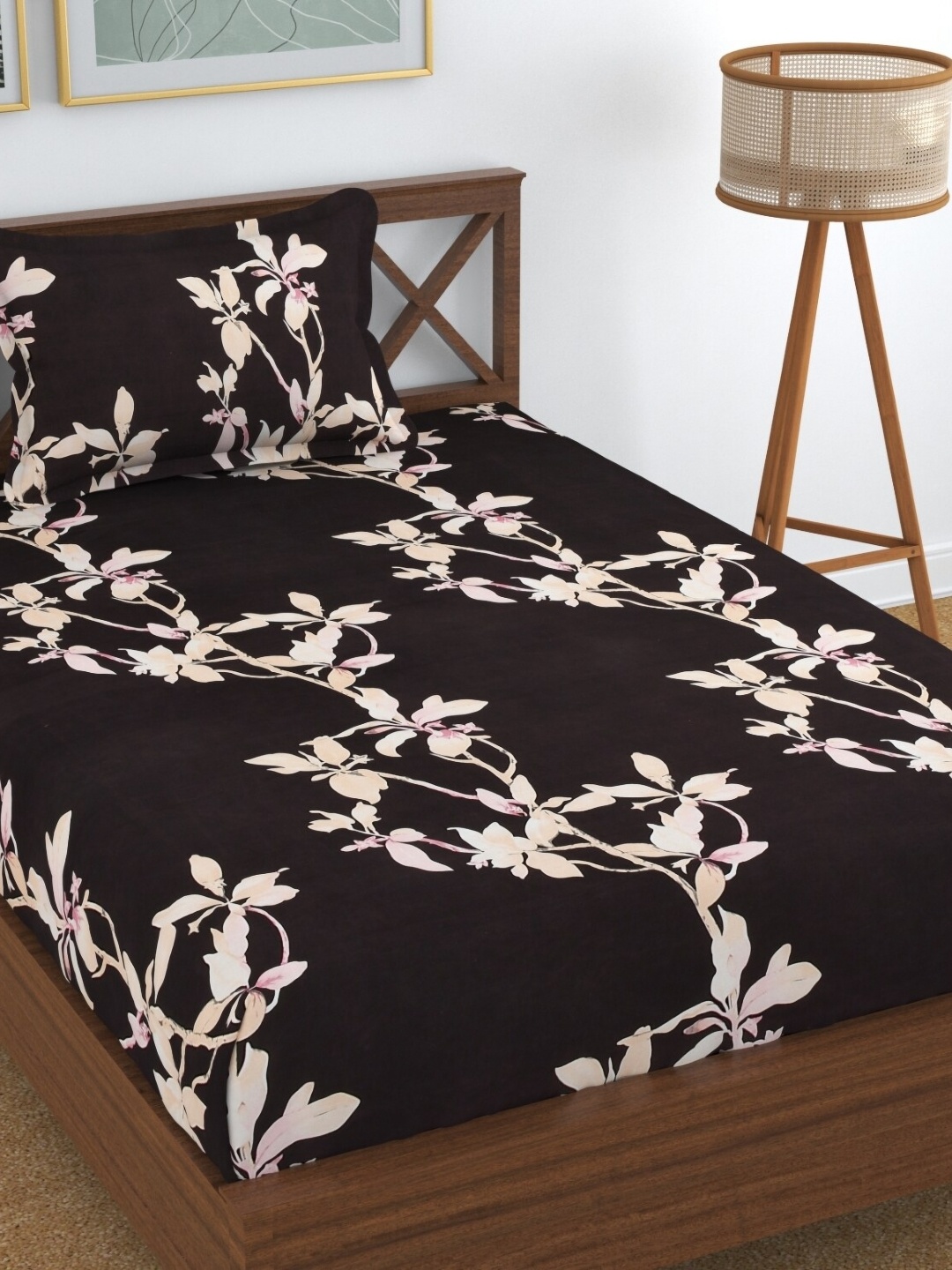 

UrbanArts Brown & Beige Floral 180 TC Single Bedsheet with 1 Pillow Covers