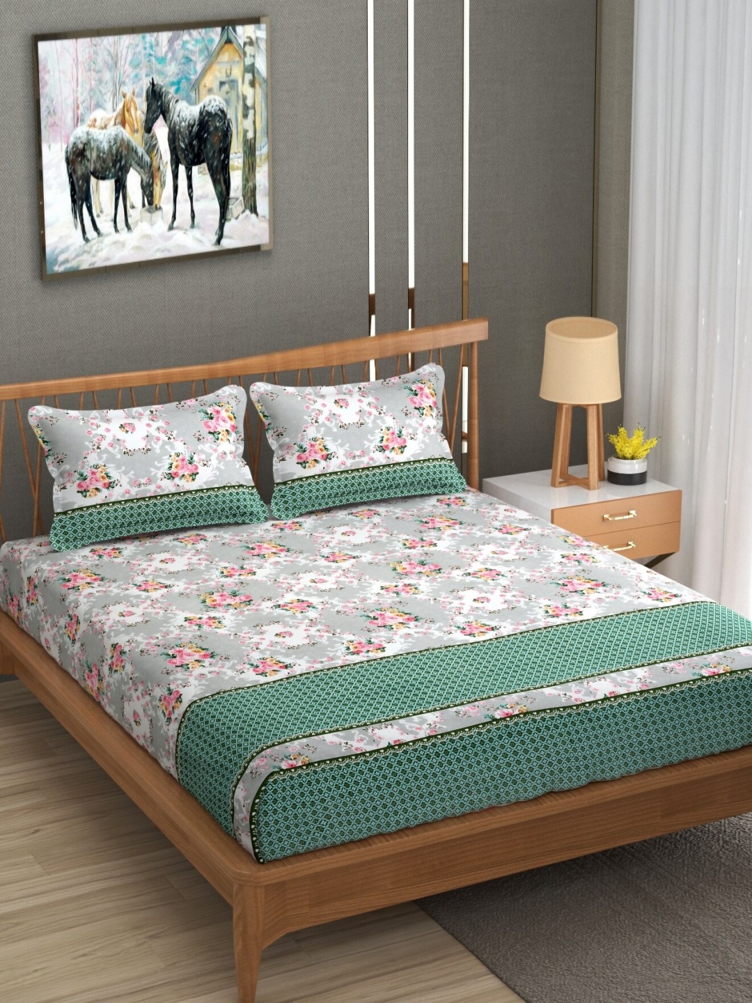 

UrbanArts Green & Grey Floral 170 TC King Bedsheet with 2 Pillow Covers