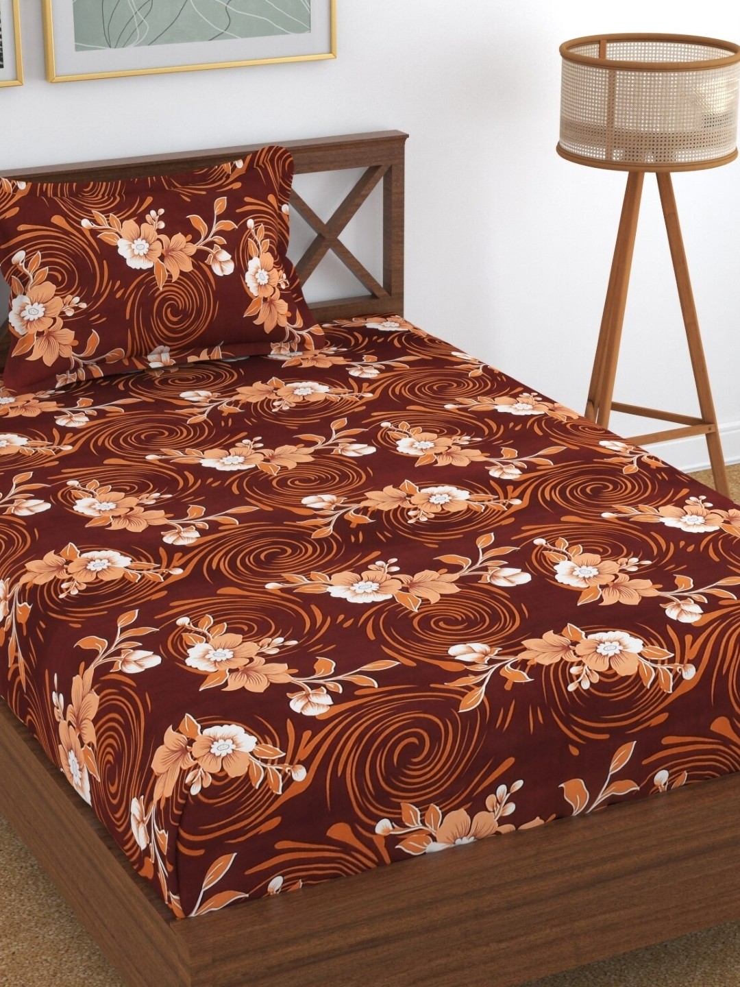 

UrbanArts Brown & Peach-Coloured Floral 170 TC Single Bedsheet with 1 Pillow Covers