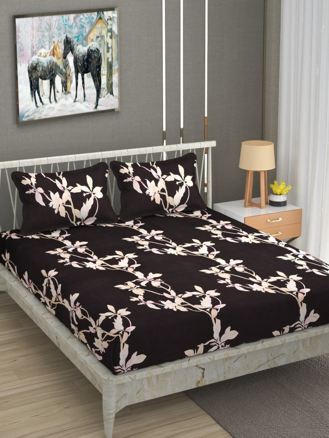

UrbanArts Coffee Brown & Beige Floral 170 TC King Bedsheet with 2 Pillow Covers