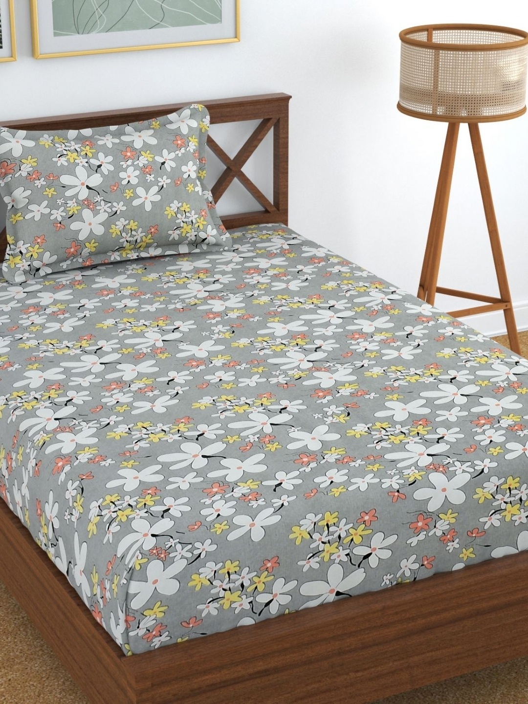 

UrbanArts Grey & Yellow Floral 170 TC Single Bedsheet with 1 Pillow Covers