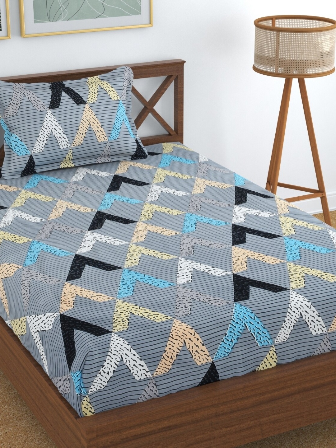 

UrbanArts Grey & Blue Geometric 180 TC Single Bedsheet with 1 Pillow Covers
