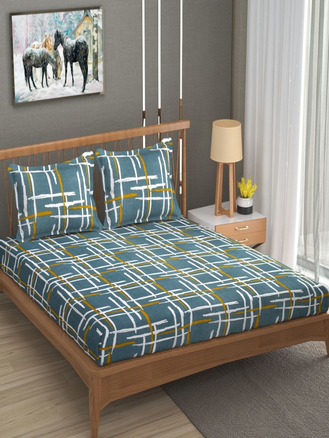 

UrbanArts Teal & White Geometric 170 TC King Bedsheet with 2 Pillow Covers