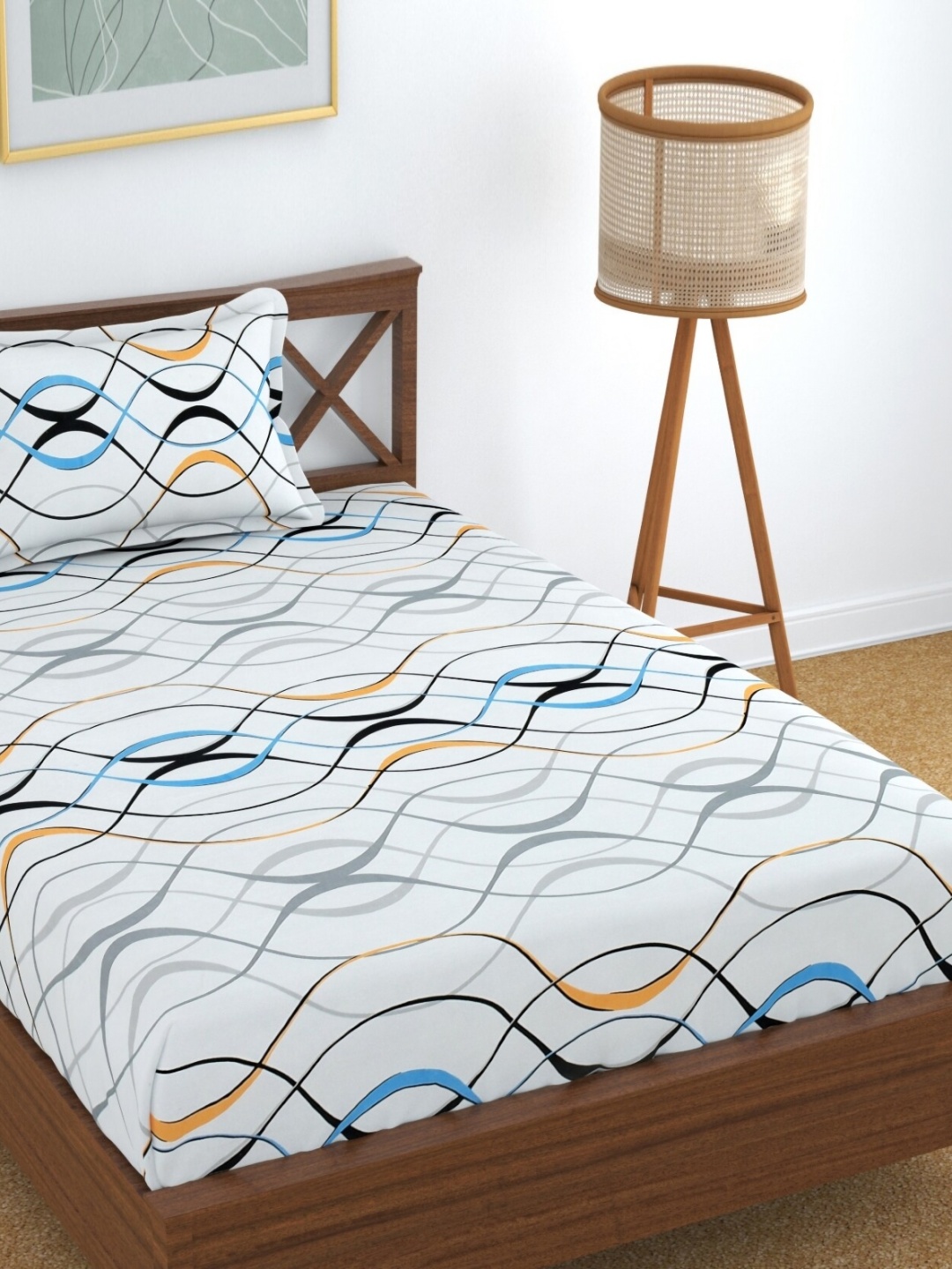 

UrbanArts White & Blue Geometric 170 TC Single Bedsheet with 1 Pillow Covers