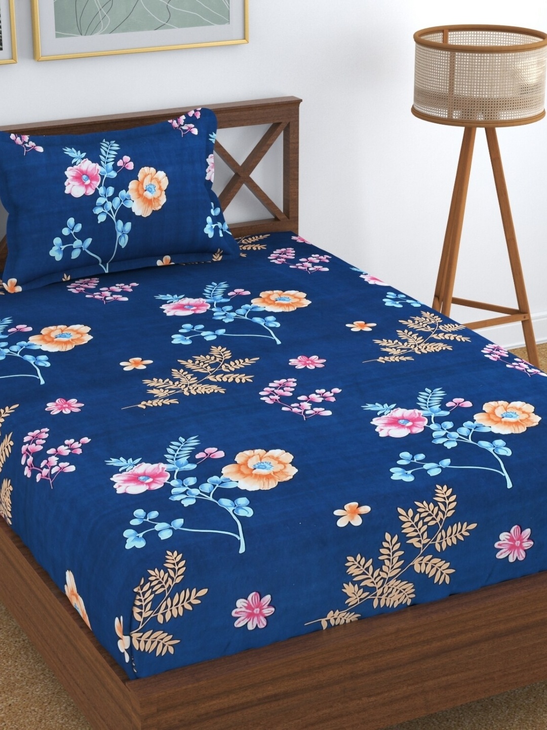 

UrbanArts Blue & Pink Floral 170 TC Single Bedsheet with 1 Pillow Covers