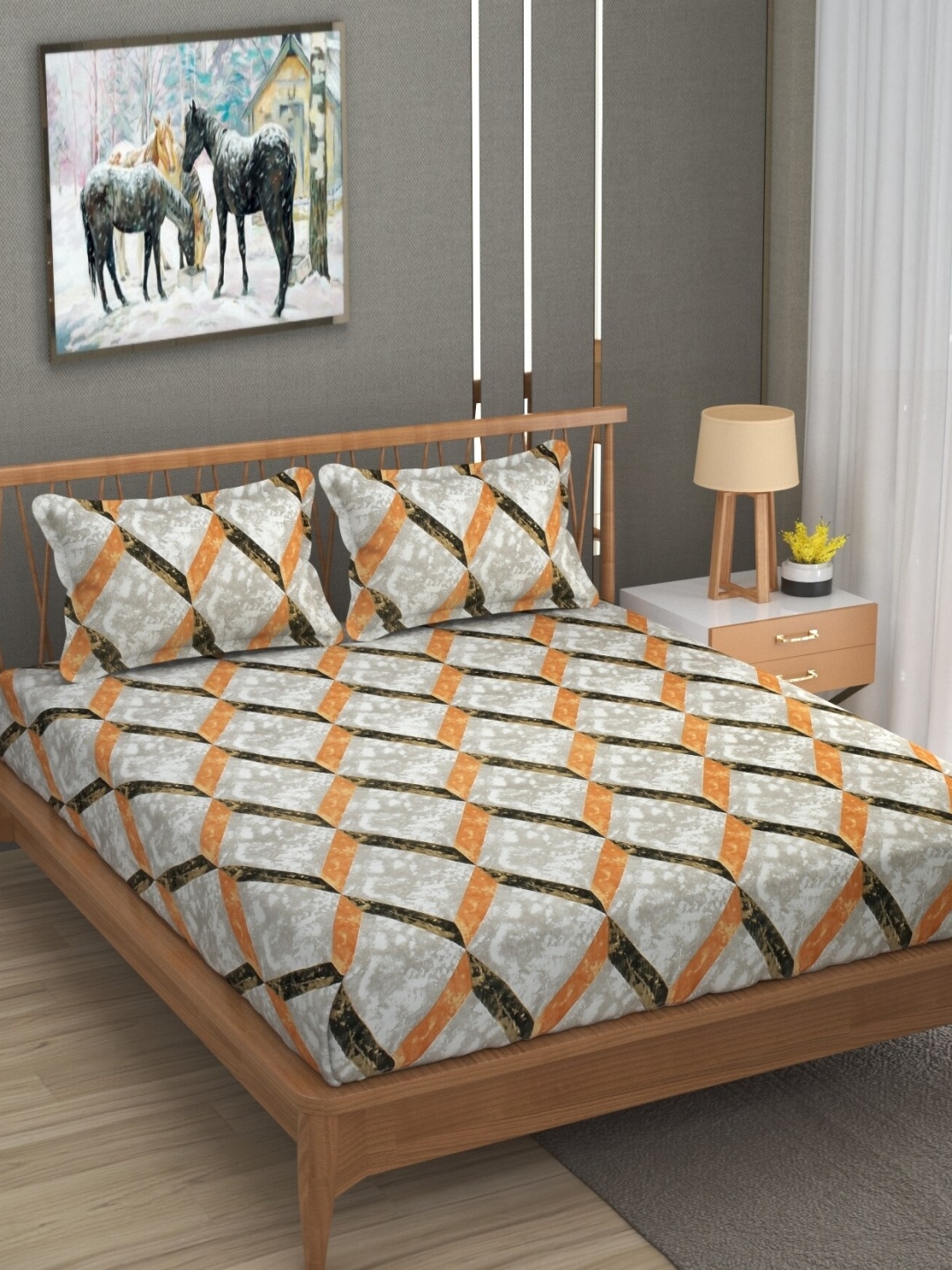 

UrbanArts Orange & Grey Geometric 170 TC King Bedsheet with 2 Pillow Covers