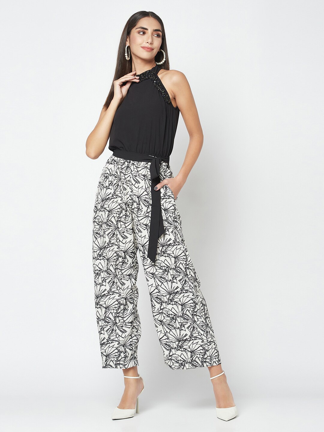 

SQew Halter Neck Printed Basic Jumpsuit, Black