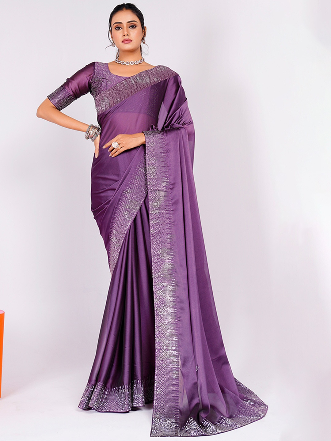 

Mitera Embellished Beads and Stones Saree With Blouse Piece, Lavender