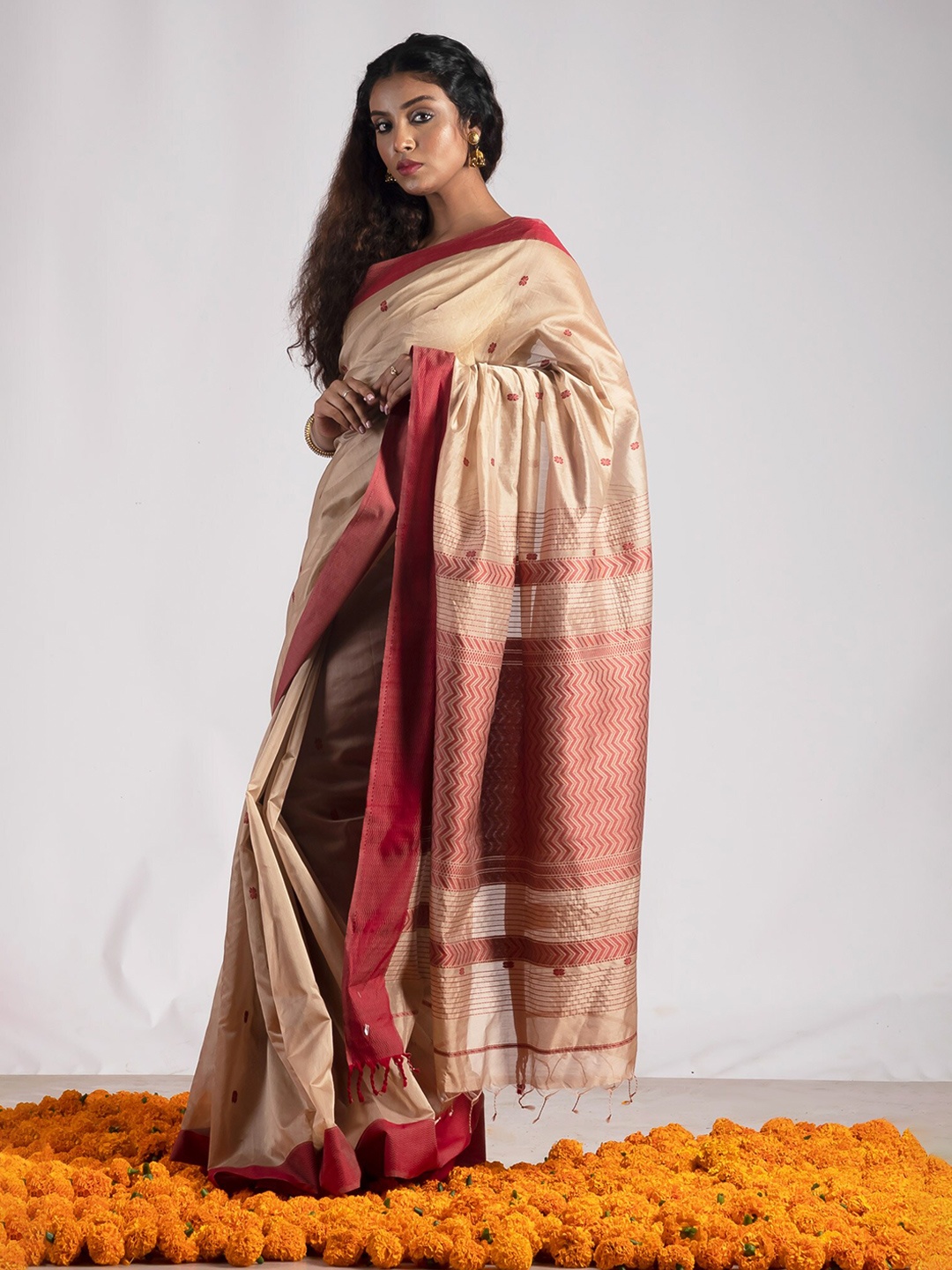 

Unnati Silks Woven Design Silk Cotton Handloom Maheshwari Saree, Beige