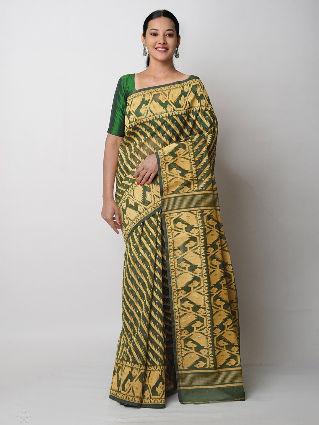 

Unnati Silks Ethnic Motifs Pure Cotton Handloom Jamdani Saree, Green