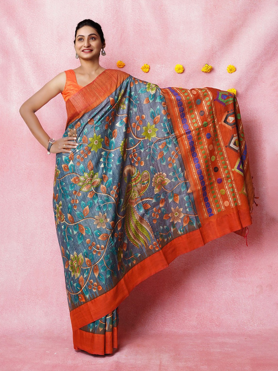 

Unnati Silks Kalamkari Pure Silk Handloom Tussar Saree, Blue
