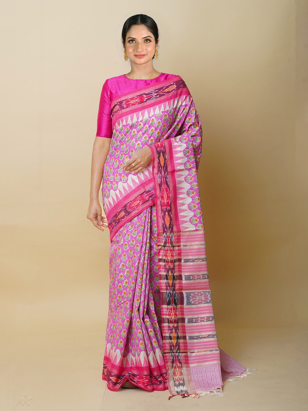 

Unnati Silks Ethnic Motifs Zari Pure Silk Handloom Tussar Saree, Pink