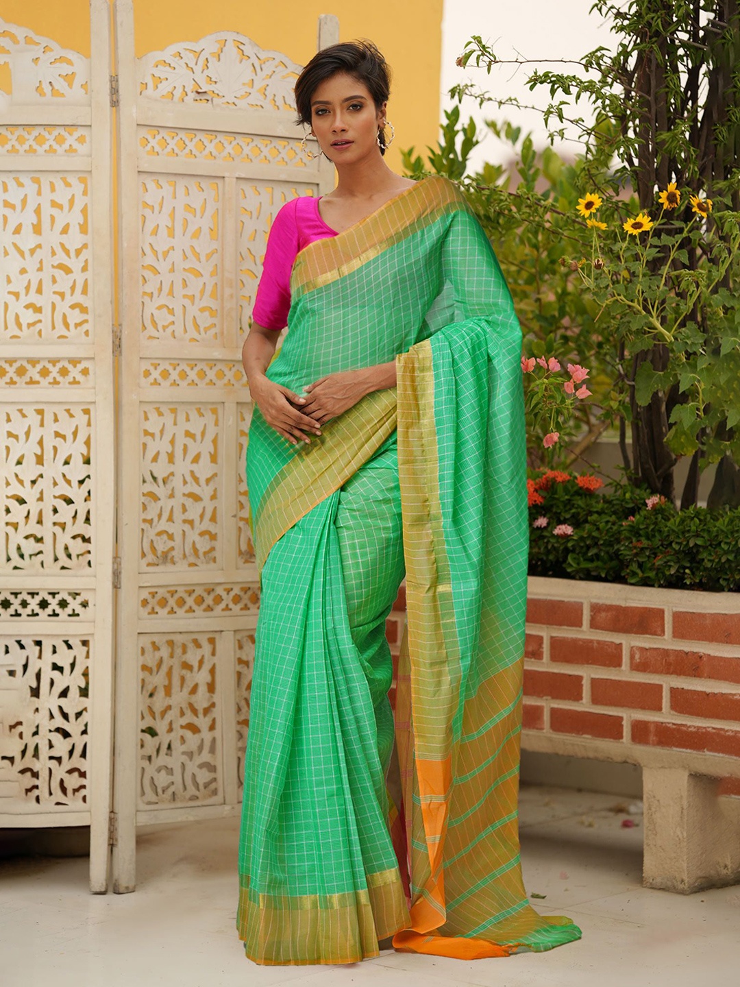 

Unnati Silks Checked Pure Cotton Handloom Mangalagiri Saree, Green