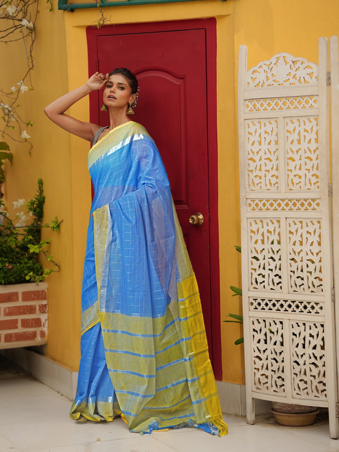 

Unnati Silks Ethnic Motifs Pure Cotton Handloom Mangalagiri Saree, Blue