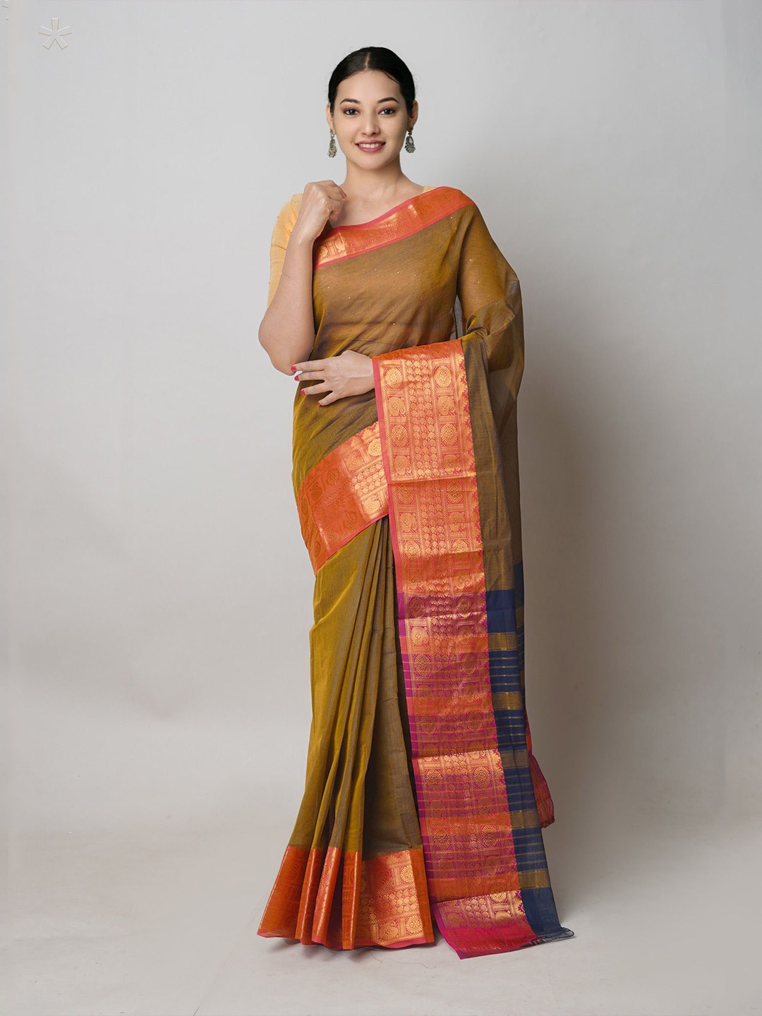 

Unnati Silks Zari Pure Cotton Handloom Narayan Peth Saree, Brown