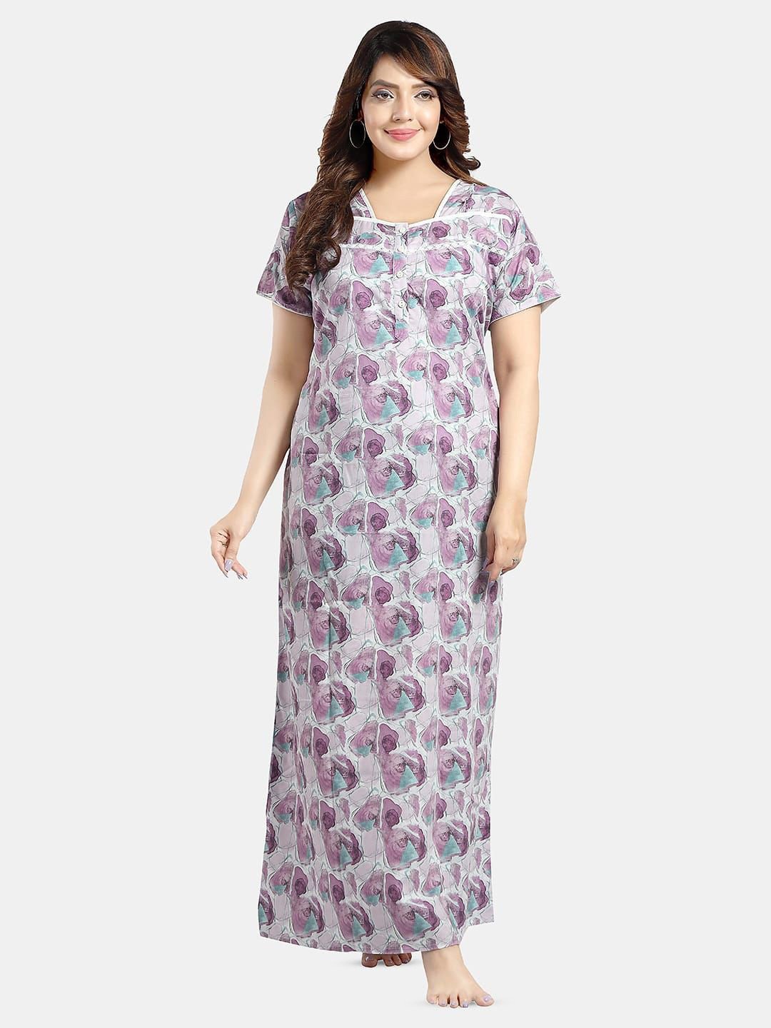 

NIGHT QUEEN Floral Printed Square Neck Maxi Nightdress, Purple