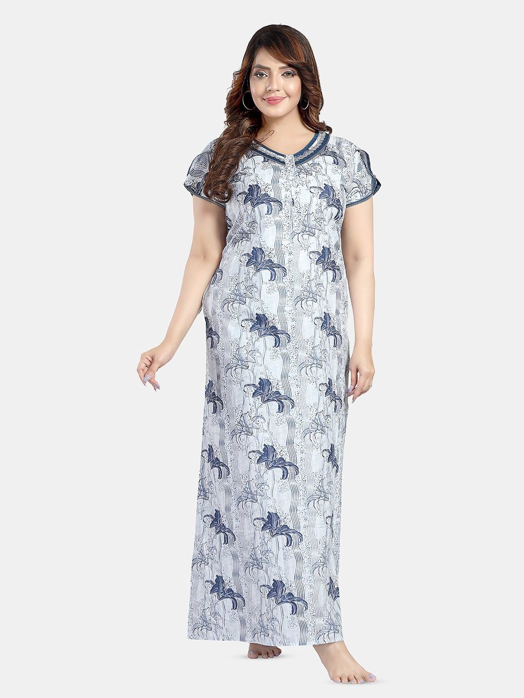 

NIGHT QUEEN Floral Printed V-Neck Maxi Nightdress, Blue