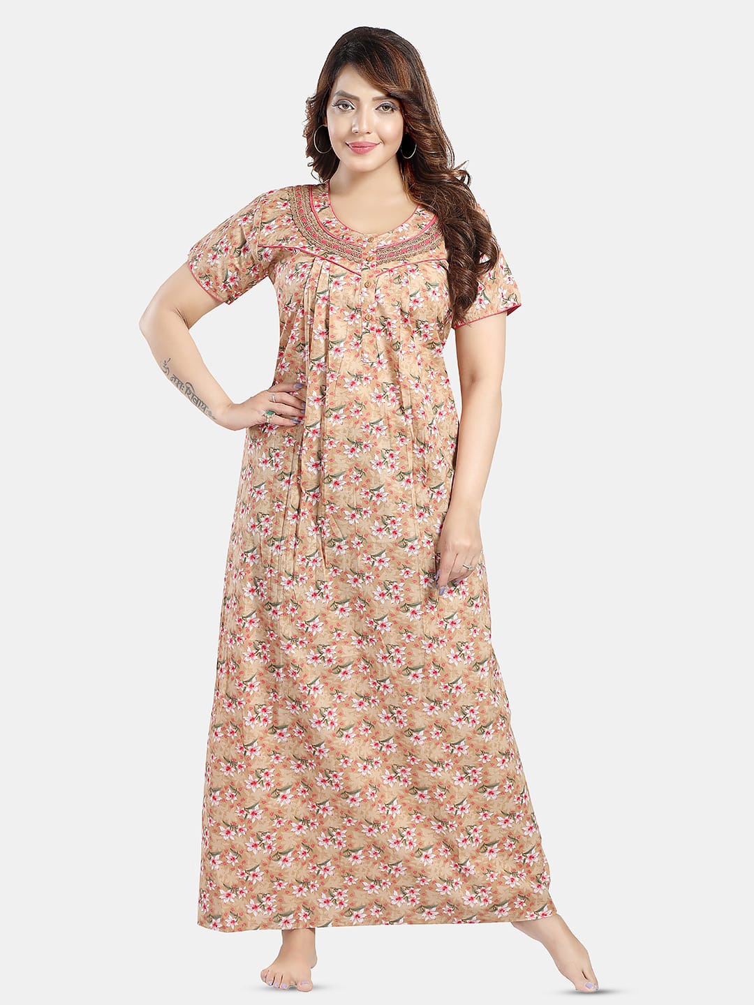 

NIGHT QUEEN Floral Printed Maxi Nightdress, Peach