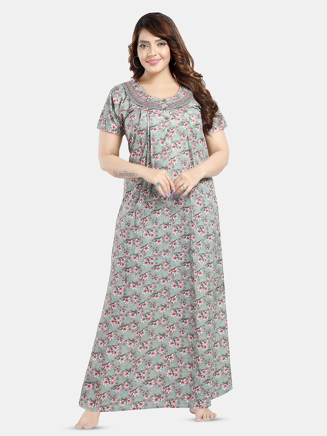 

NIGHT QUEEN Printed cotton blend Maxi Nightdress, Green
