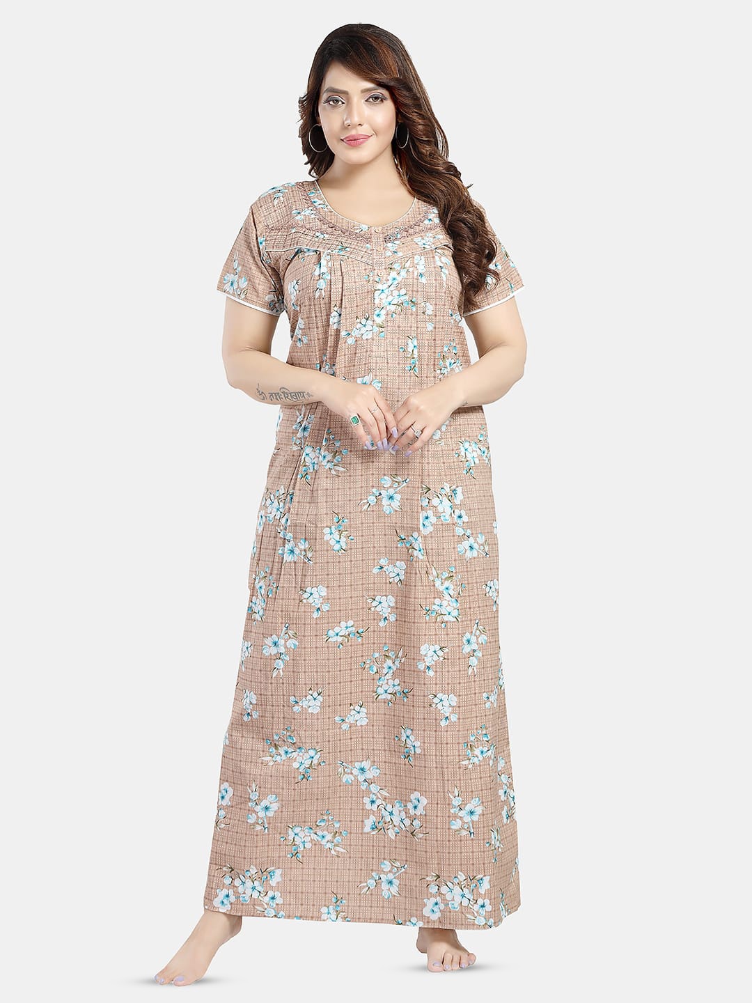 

NIGHT QUEEN Floral Printed Maxi Nightdress, Brown