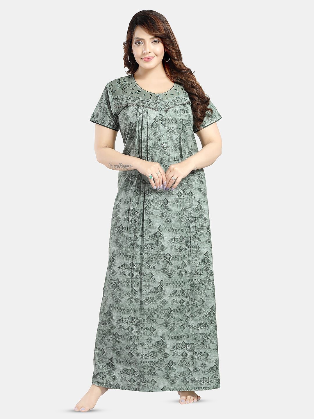 

NIGHT QUEEN Floral Printed Maxi Nightdress, Green