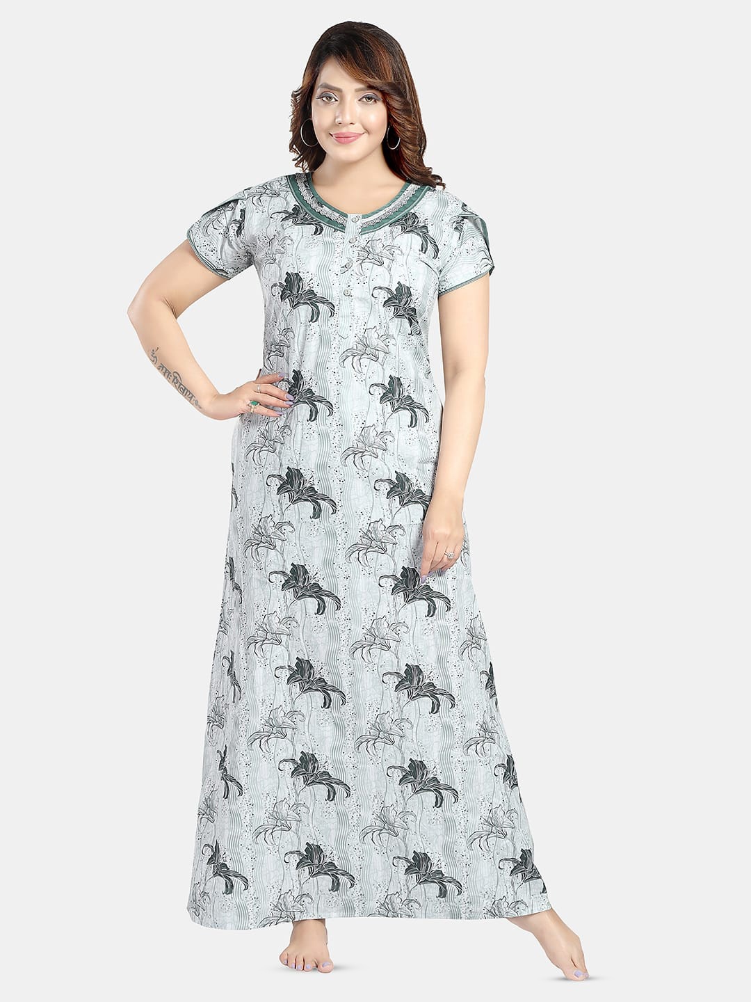 

NIGHT QUEEN digital Printed cotton blend Maxi Nightdress, Green