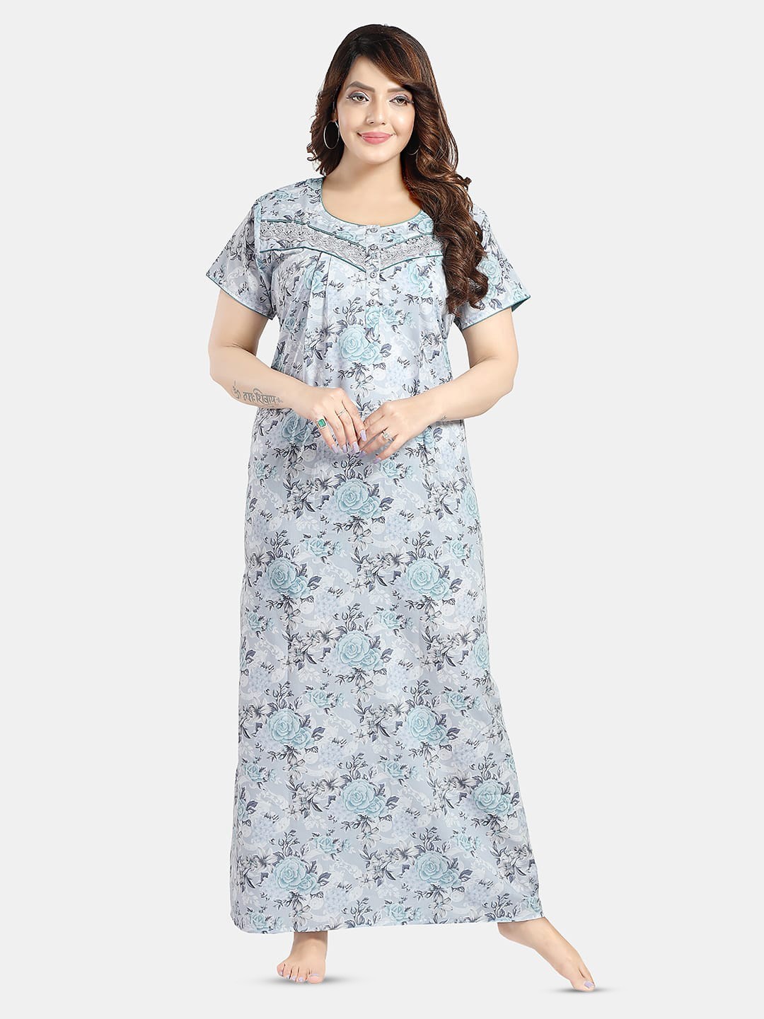 

NIGHT QUEEN Floral Printed Maxi Nightdress, Blue