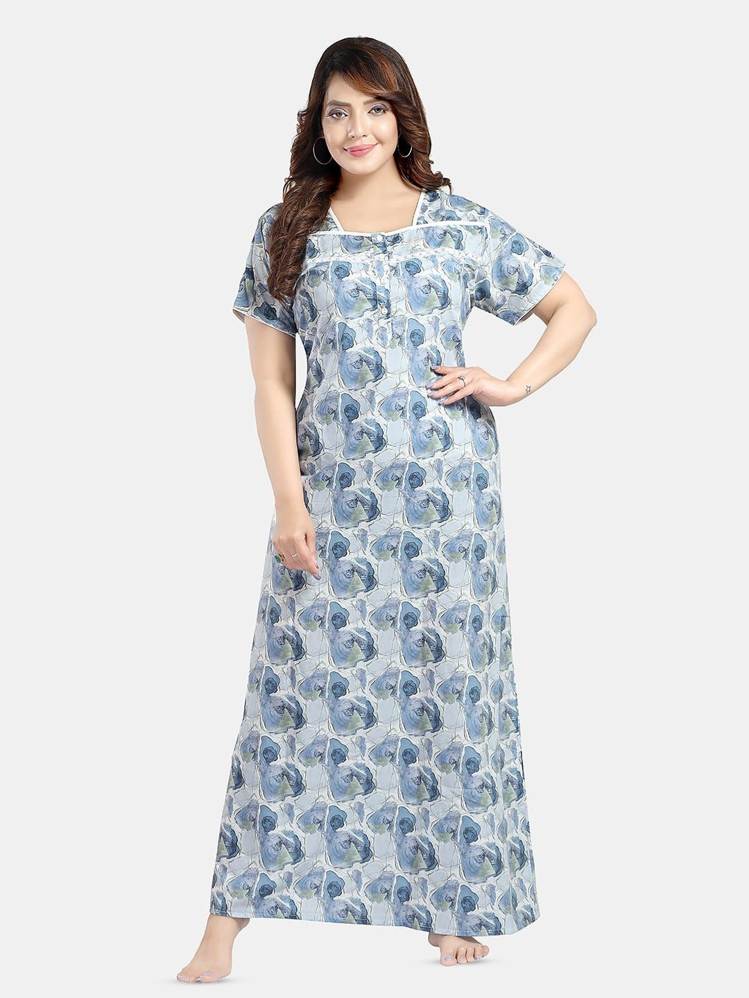 

NIGHT QUEEN Digital Printed Maxi Nightdress, Blue