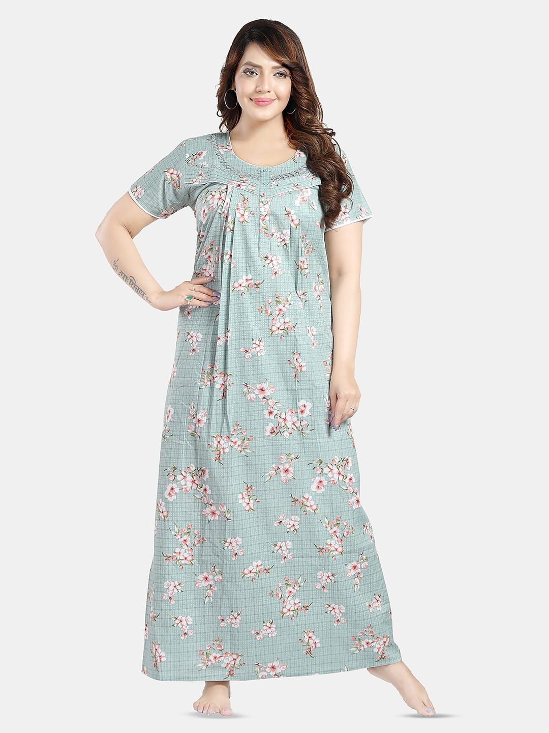 

NIGHT QUEEN Printed cotton blend Maxi Nightdress, Blue
