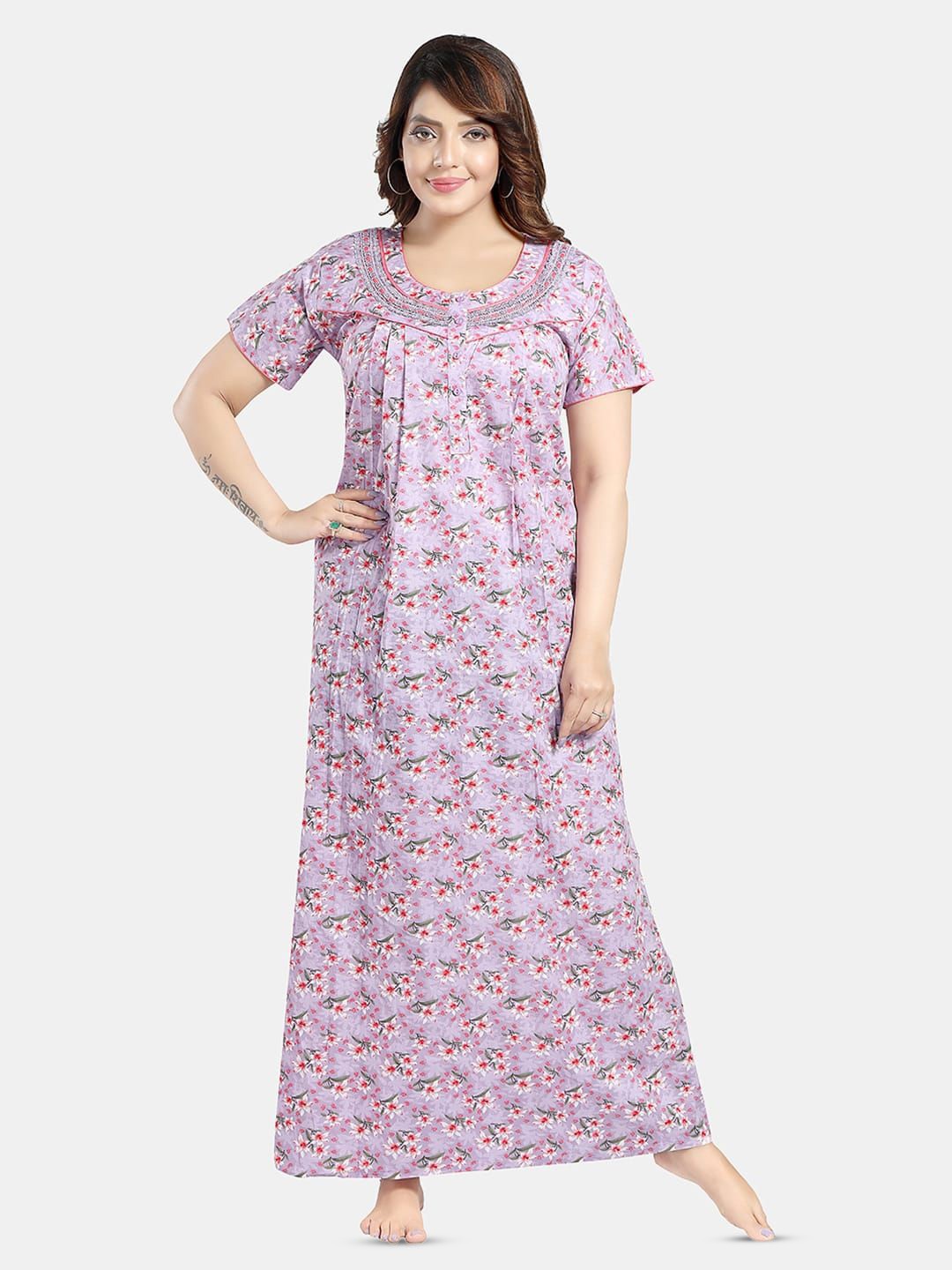 

NIGHT QUEEN digital Printed cotton blend Maxi Nightdress, Purple