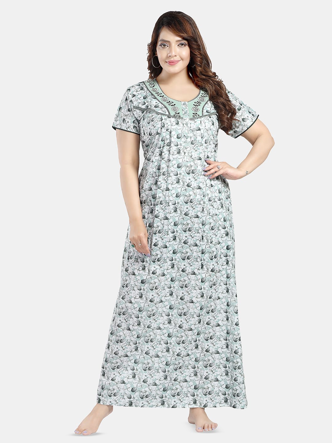 

NIGHT QUEEN Floral Printed Maxi Nightdress, Green