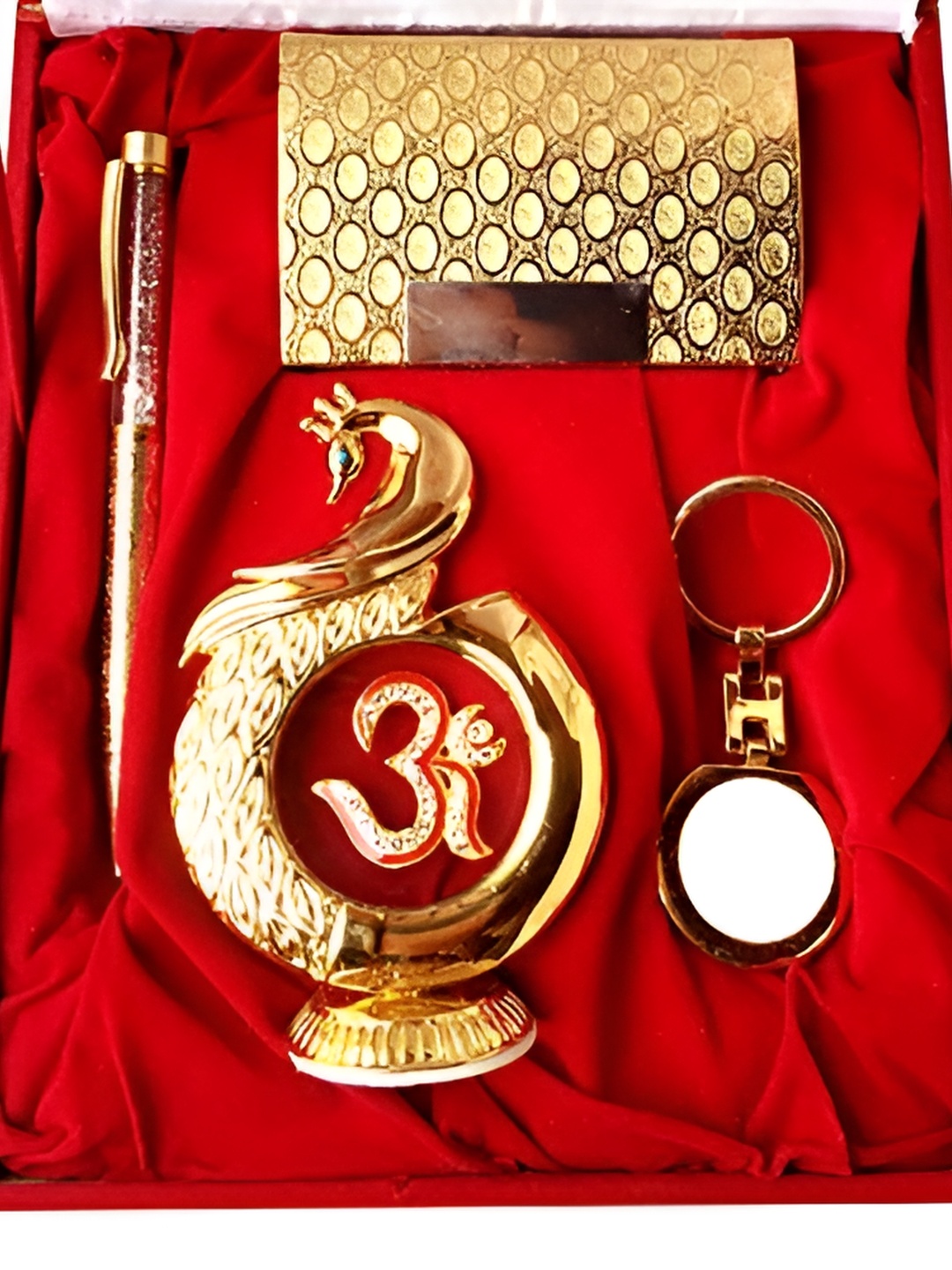 

INTERNATIONAL GIFT 4 Pcs Peacock Om With Pen Cardholder Keyring With Red Velvet Box, Gold