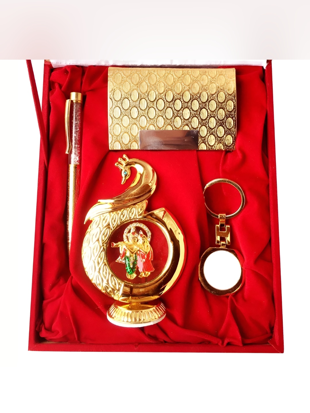 

INTERNATIONAL GIFT 4-Pcs Pen Card Holder Key Ring & Peacock Shaped Radha Krishna & Box, Gold