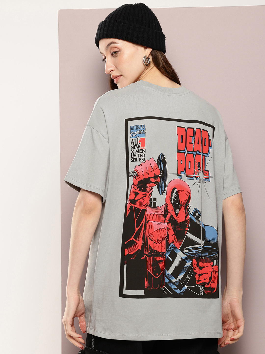 

Kook N Keech Marvel Deadpool Printed Oversized Drop-Shoulder Sleeves Boxy T-shirt, Steel