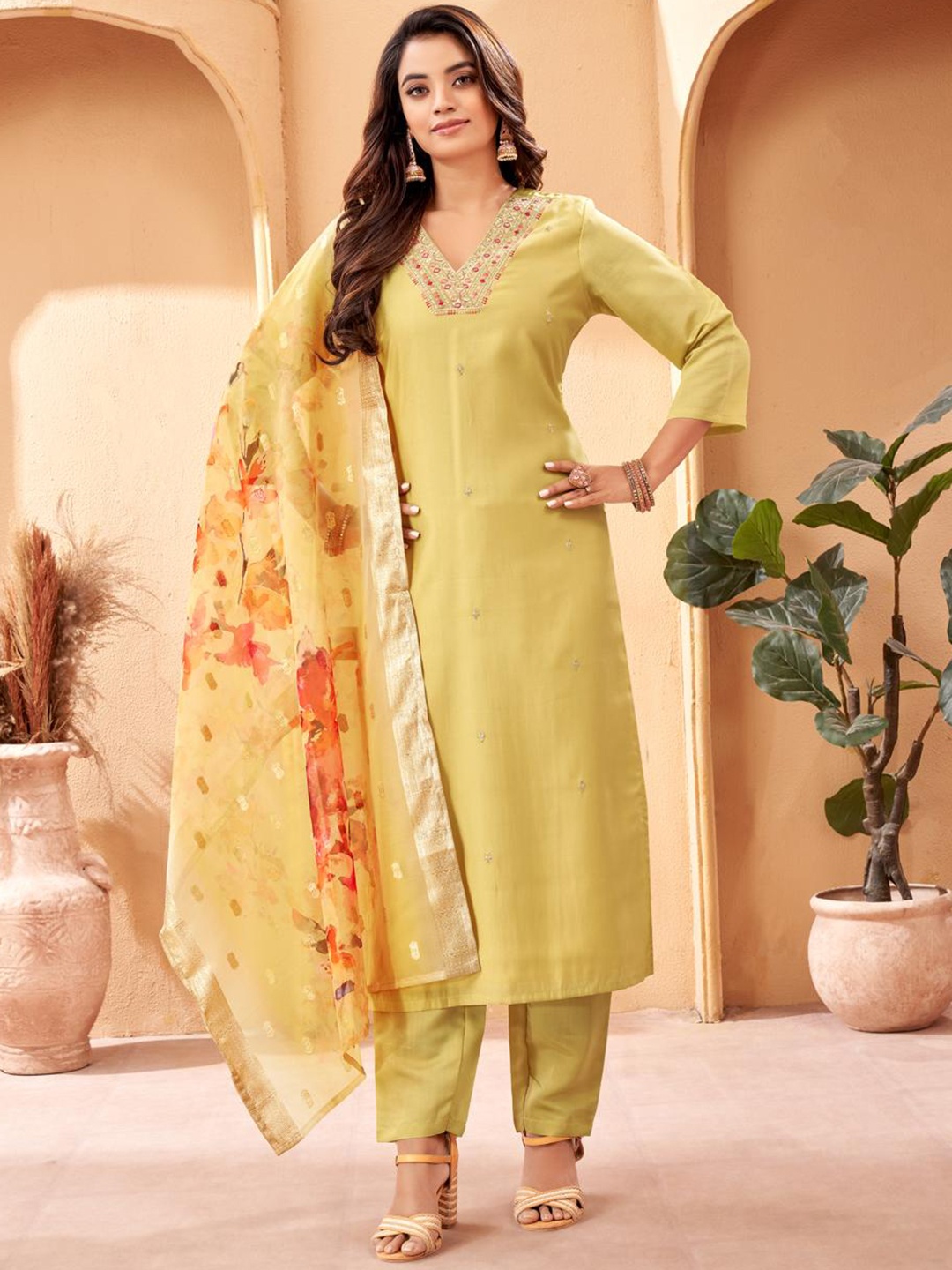 

S.K.C Women Embroidered Regular Kurta with Trousers & With Dupatta, Yellow