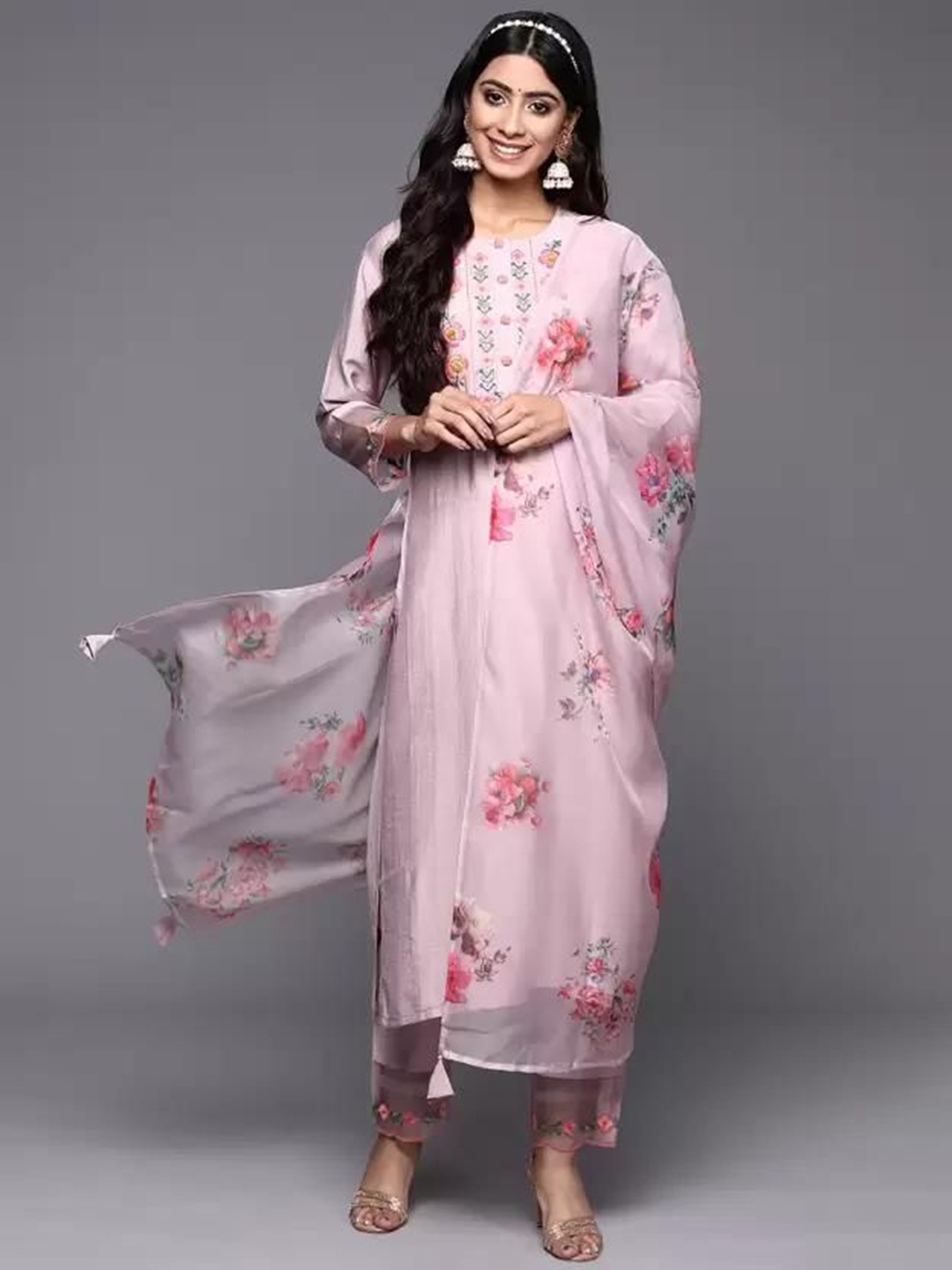 

S.K.C Round Neck Ethnic Motifs Printed Regular Straight Kurta with Trousers & With Dupatta, Peach