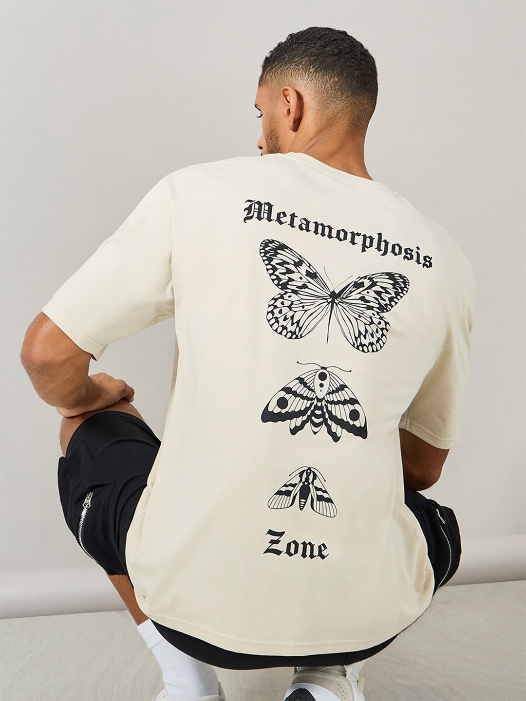 

Styli Men Butterfly Graphic Printed Oversized Streetwear T-Shirt, Beige