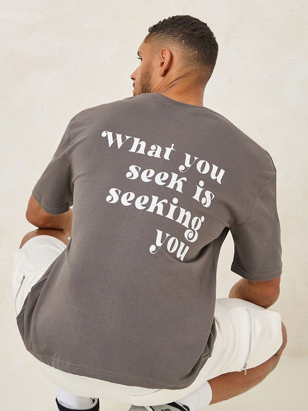 Styli Typography Printed Cotton T-shirt, Grey
