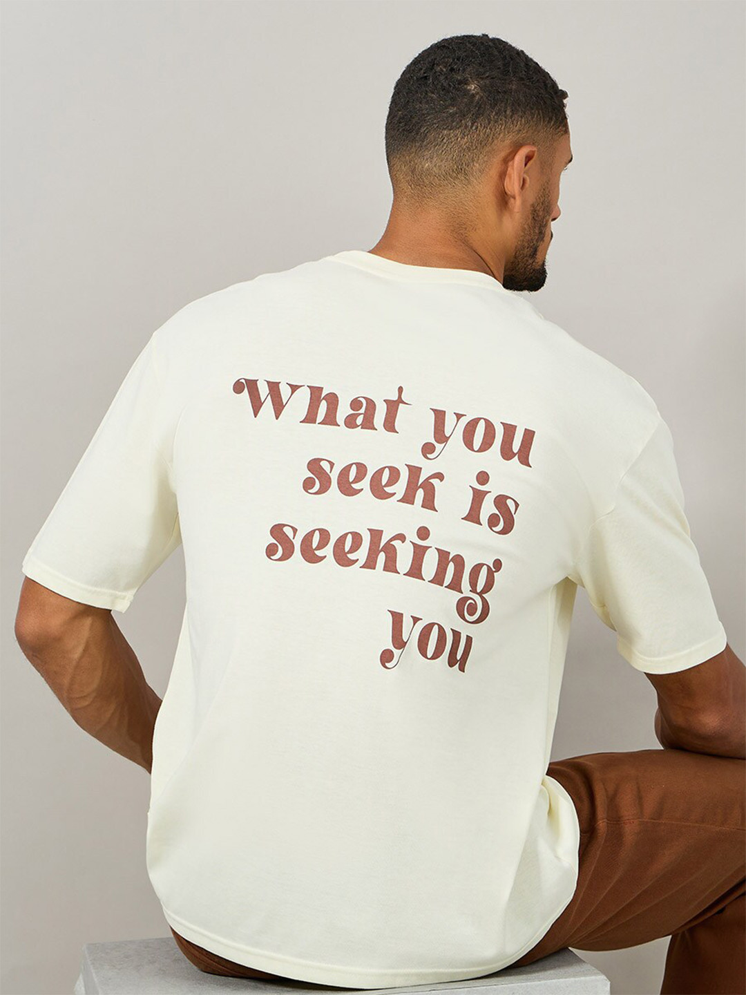 

Styli Men Seeking You Slogan Back Print Oversized T-Shirt, Cream