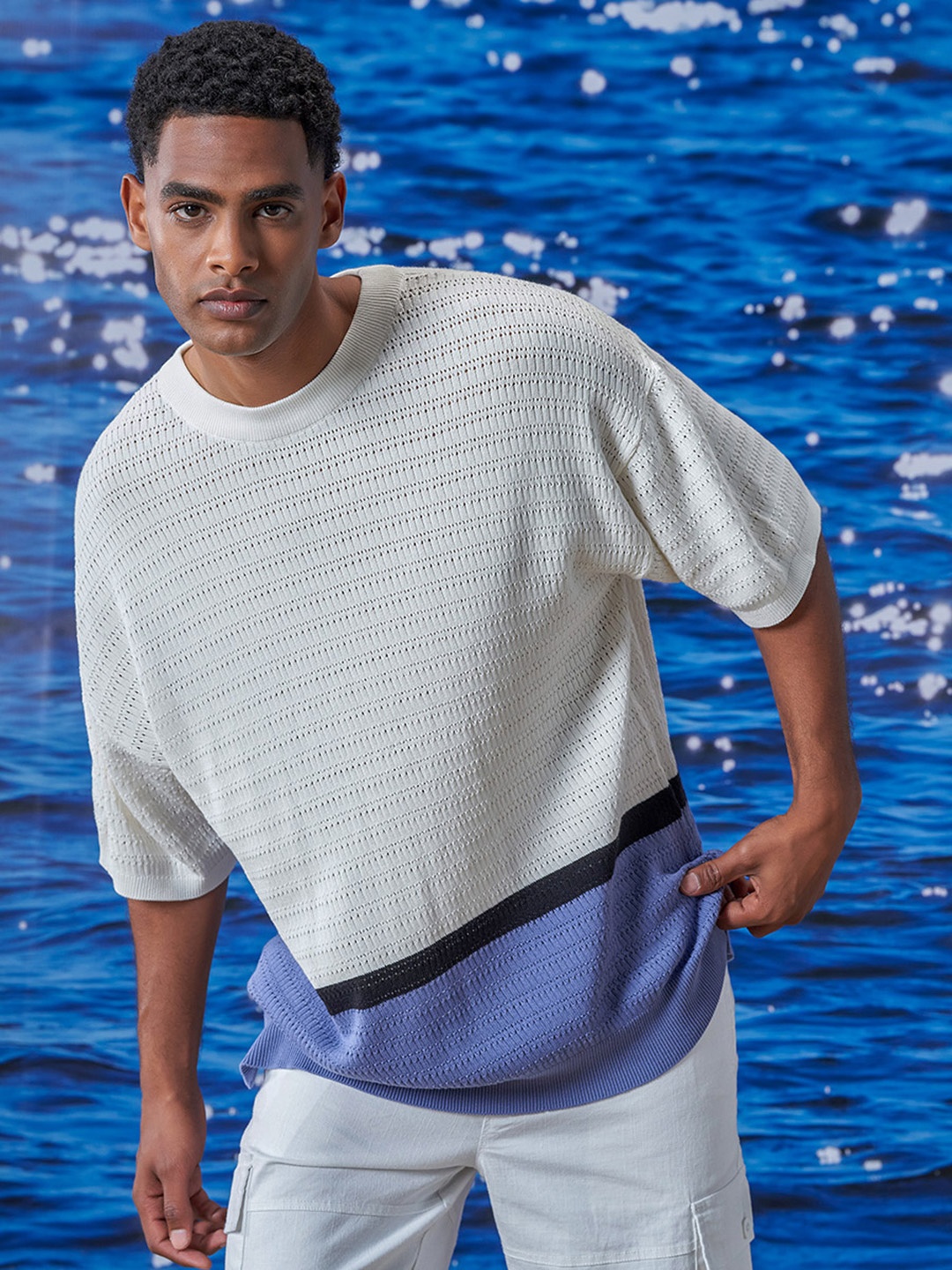 

Styli Men Premium Cotton Colourblocked Knit Oversized T-Shirt, Multi