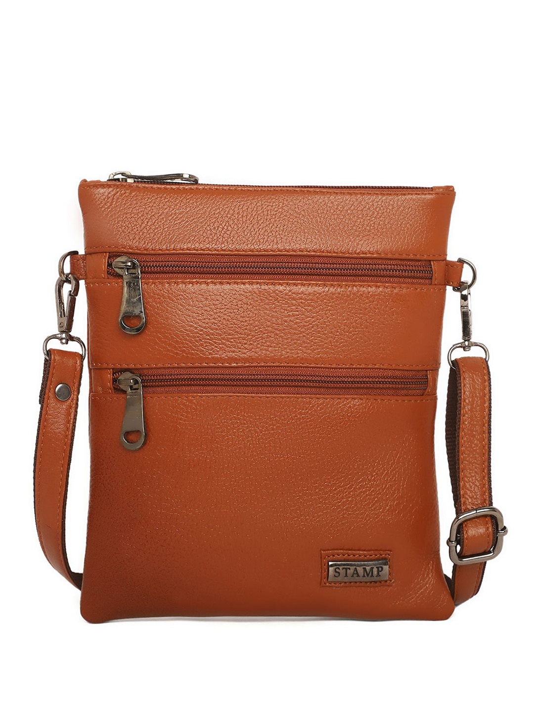 

Stamp Textured Structured Leather Sling Bag, Tan