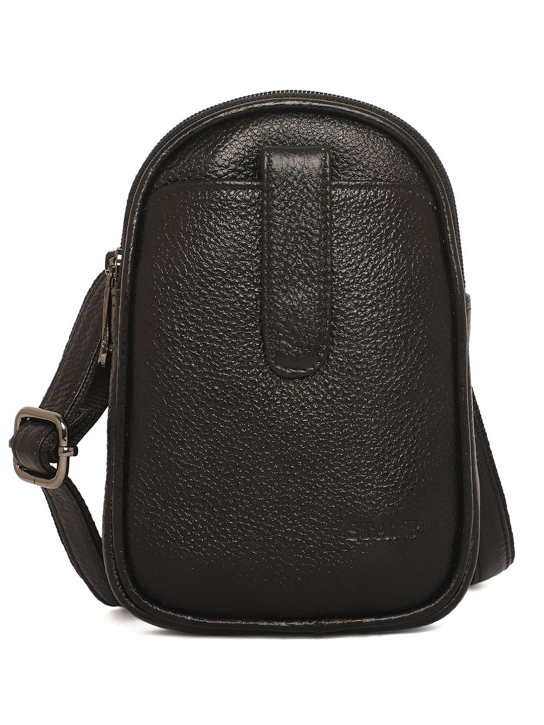 

Stamp Textured Structured Leather Sling Bag, Black