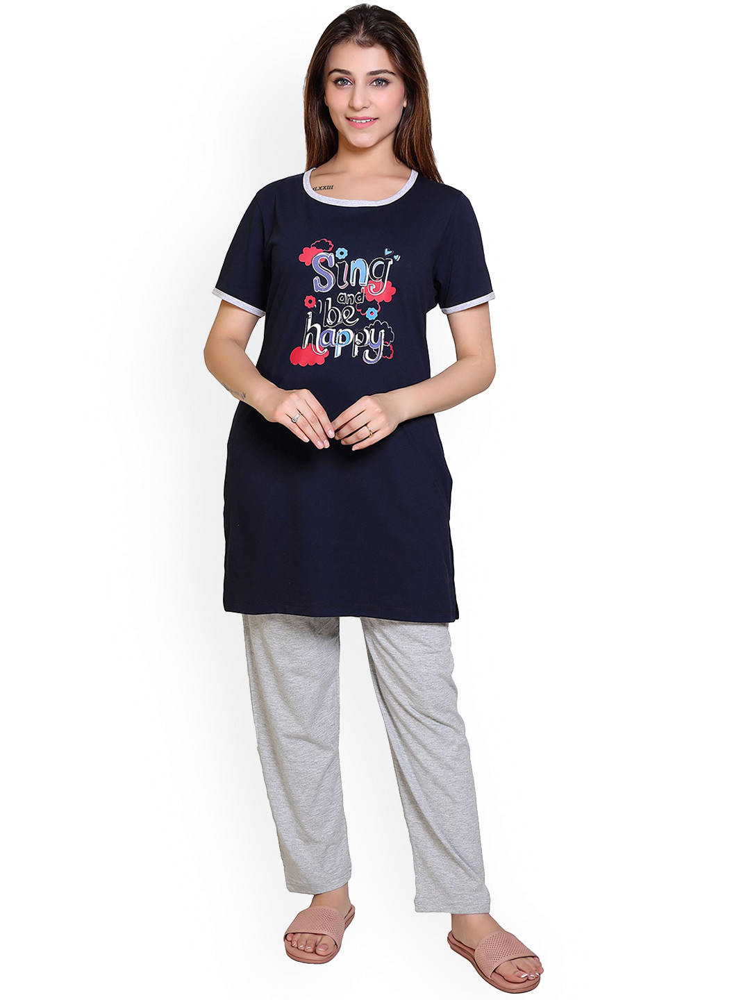 

MAZMUN Women Typography Printed cotton Night suit, Navy blue