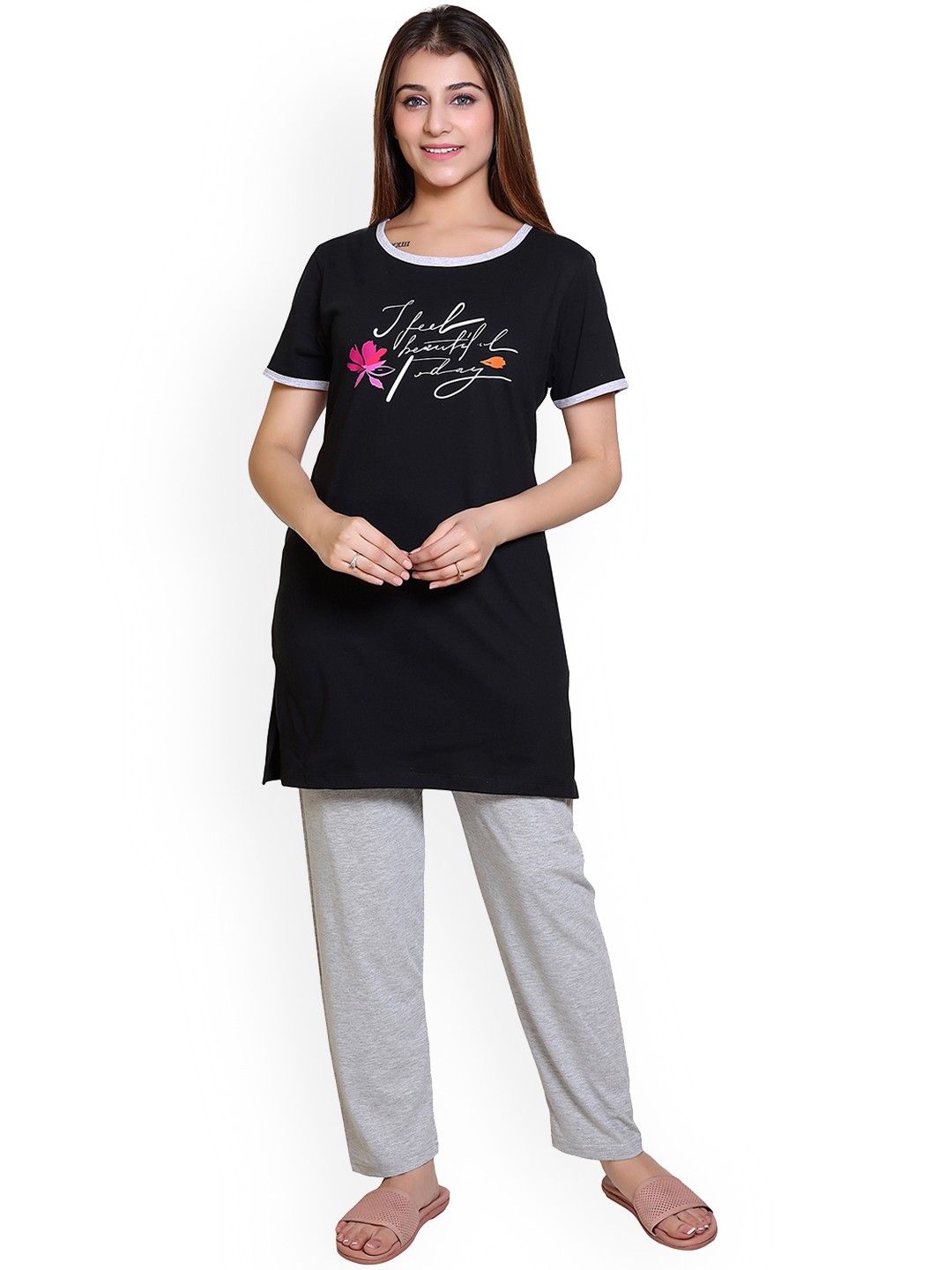 

MAZMUN Typography Printed Round Neck Night suit, Black