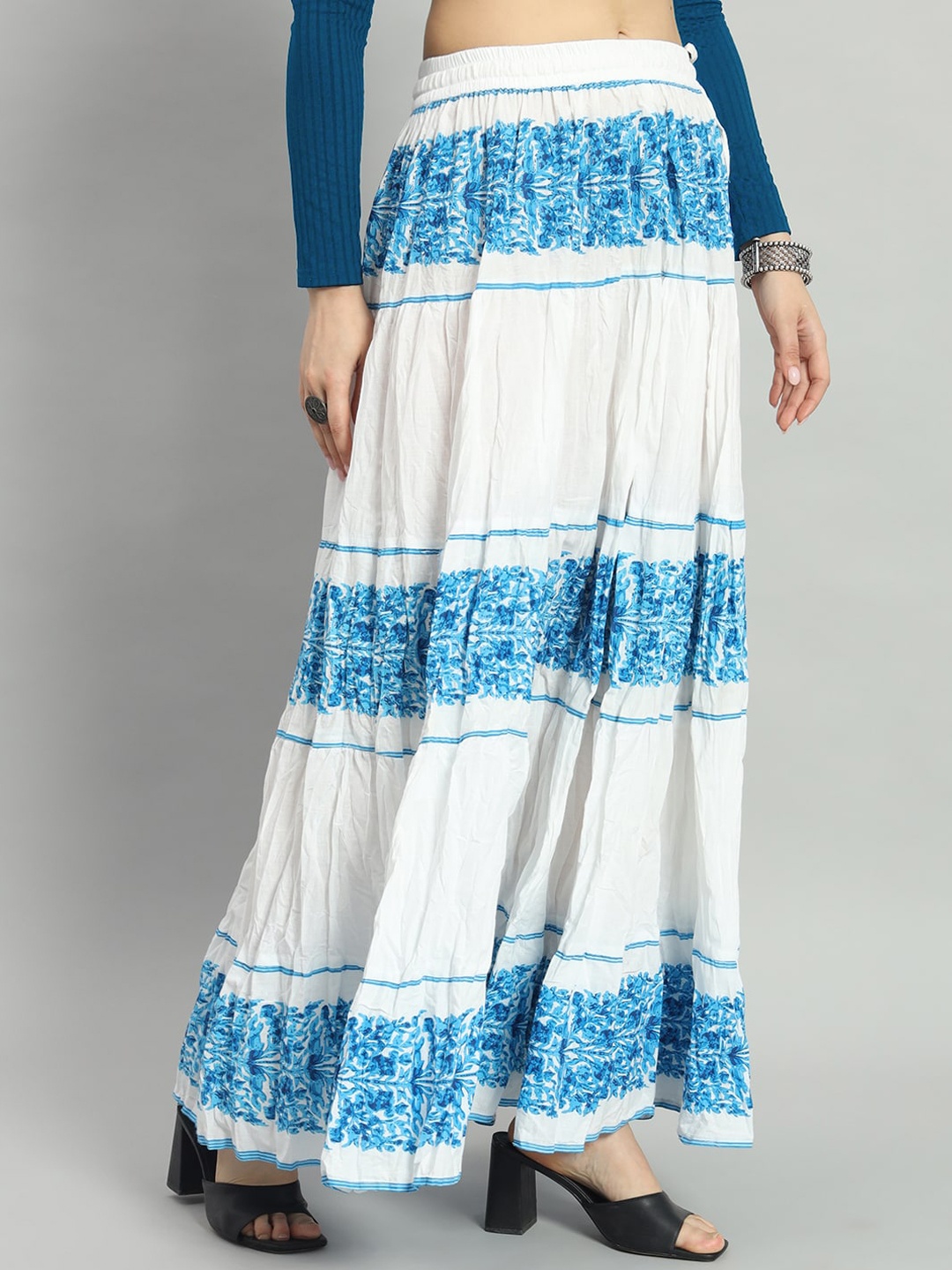 

ZRI Pure Cotton Floral Printed Flared Maxi Skirt, White