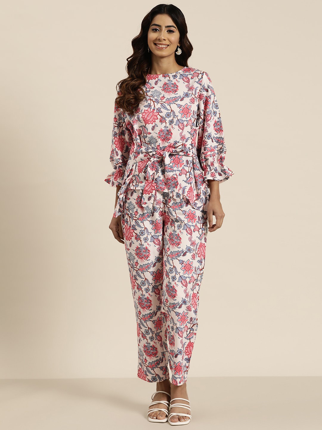

KALINI Floral Printed Pure Cotton Top & Trousers Co-Ords Set, White