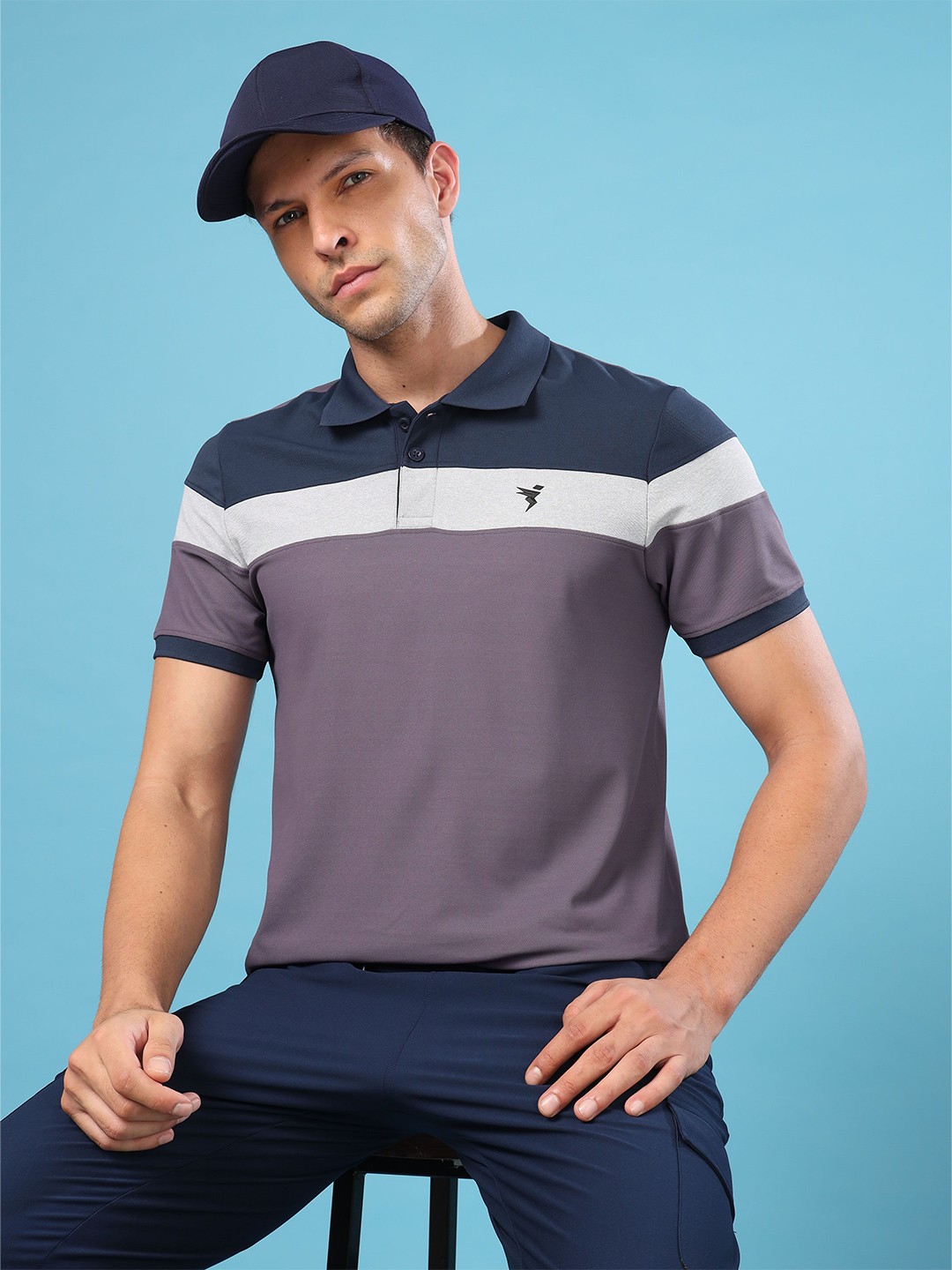 

Technosport Men Striped Polo Collar UPF50 Applique Slim Fit T-shirt, Purple