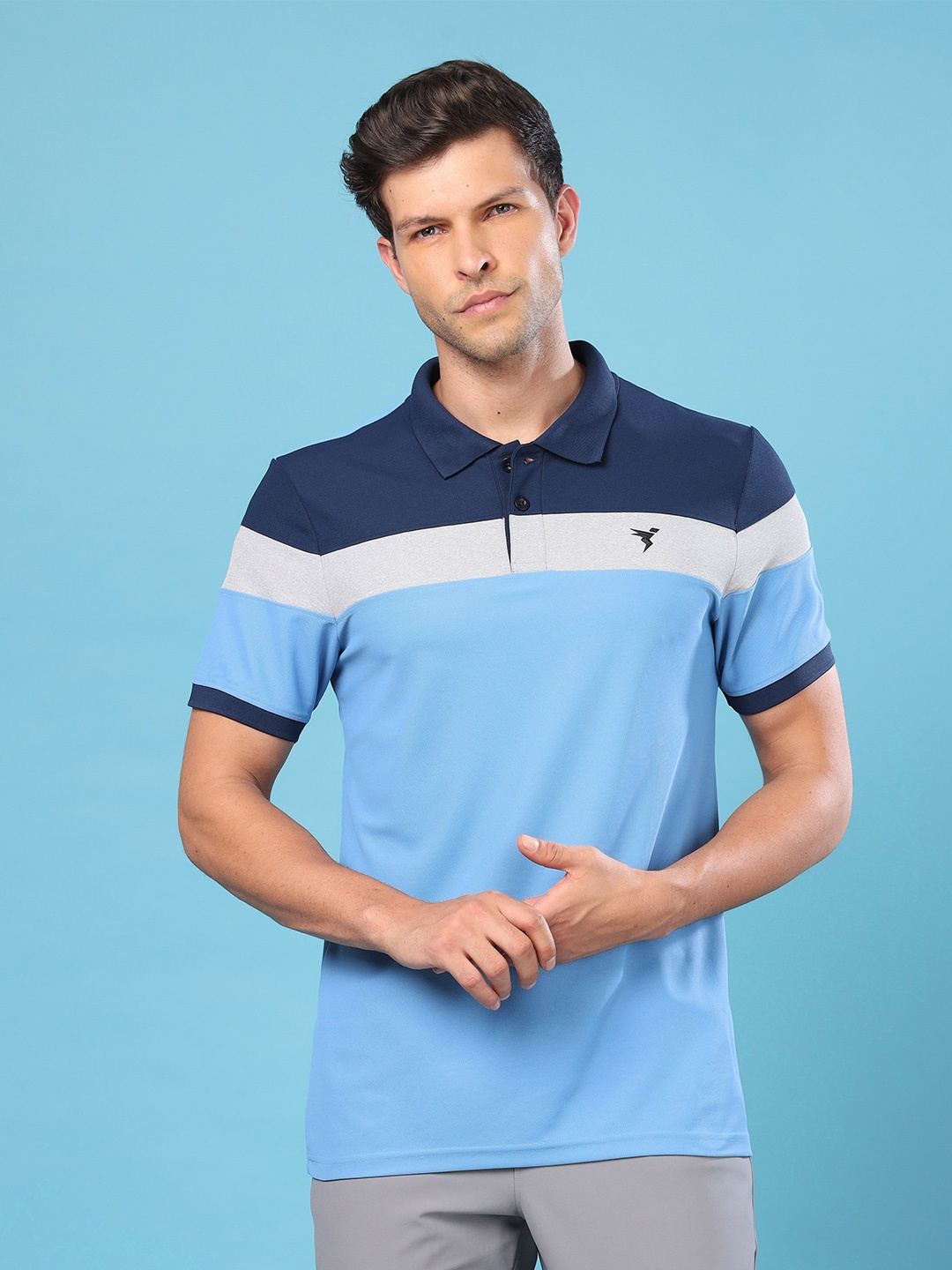 

Technosport Men Striped Polo Collar UPF50 Applique Slim Fit T-shirt, Blue